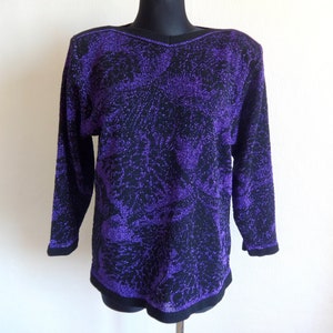 Vintage Black & Purple Knitted Glossy Sweater Floral Pullover Knitted Flowers Women&#39;s Sweater 80s 90s Wool Acrylic Padded Shoulders Size 42