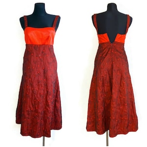 Handmade Vintage Strappy Dress Satin Chiffon Embroidered Maxi Dress Formal Evening Red & Black Floral Roses Embroidered XS Size Dress