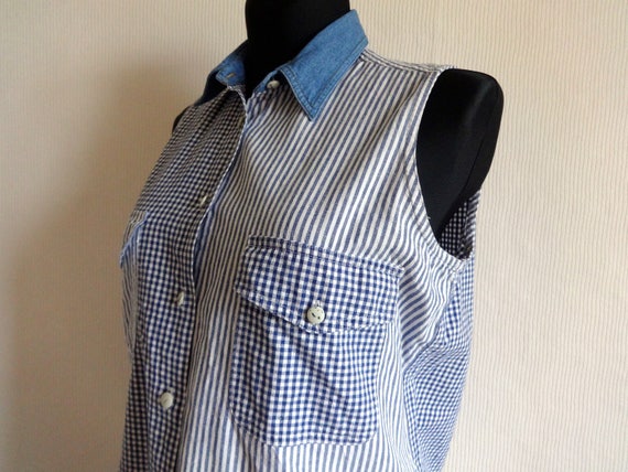 Vintage Blue & White Checkered Striped Top Sleeve… - image 2
