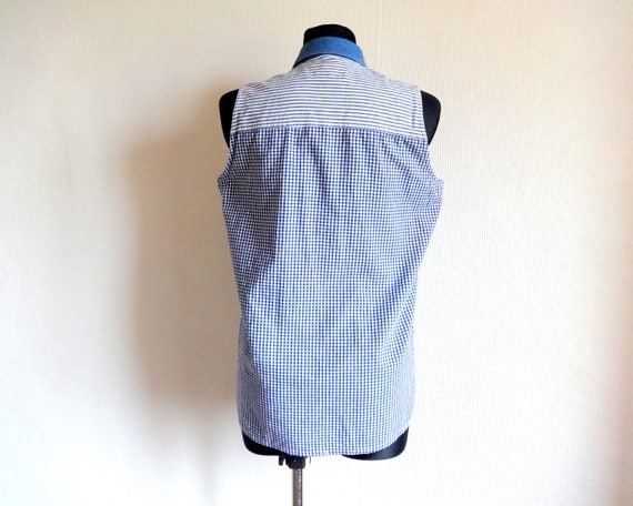 Vintage Blue & White Checkered Striped Top Sleeve… - image 6
