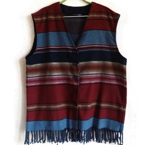 Vintage Vest With Fringe Women&#39;s Striped Vest Warm Clothing Buttons Down XL Size Vest Red Blue Vest Fashion 90s