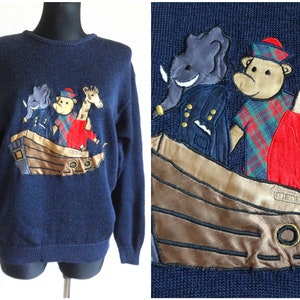 Vintage Animals Embellished Sweater Dark Blue Women&#39;s Knitwear Jumper Animals  in Boat Pullover Knitted Jumper Size 40 Everyday Pullover