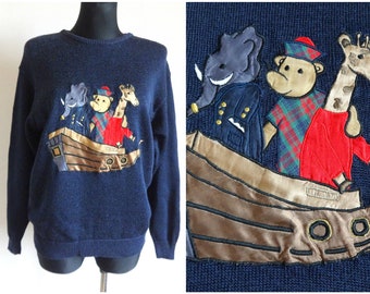 Vintage Animals Embellished Sweater Dark Blue Women's Knitwear Jumper Animals  in Boat Pullover Knitted Jumper Size 40 Everyday Pullover