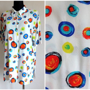 Vintage White & Colorful Circles Printed Blouse Women&#39;s Summer Clothing Buttons Down Short Sleeve Abstract Blouse Women&#39;s Shirt Size 40