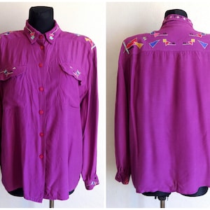 Vintage Purple Embellished Blouse Fashion 80s 90s Women&#39;s Blouse Long Sleeve Geometric Embellished Clothing Purple Shirt  L Size