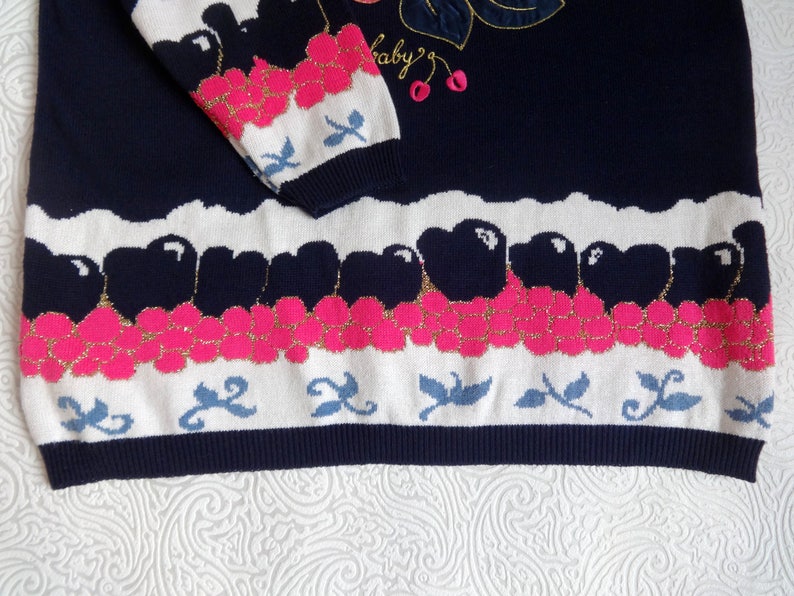 Vintage Sweater With Cherries Embellished Jumper Fashion 80s 90s Women/'s Clothing Dark Blue Pink Golden Metallic Thread