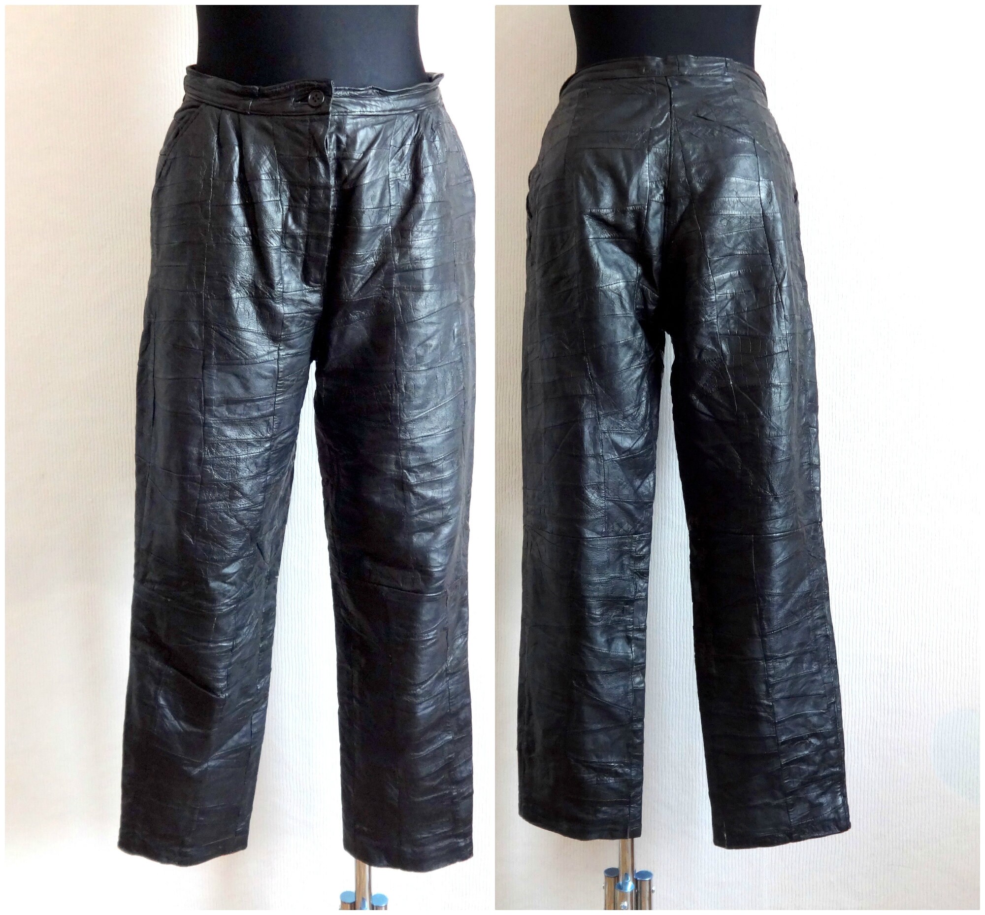 Vintage Genuine Leather Black Patchwork Pants Full Lining