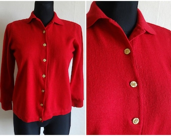 Italiano Vintage Luisa Spagnoli red lana cardigan oro metalitos cálidos todos los días Cardigan Vintage ropa de mujer hecho en Italia