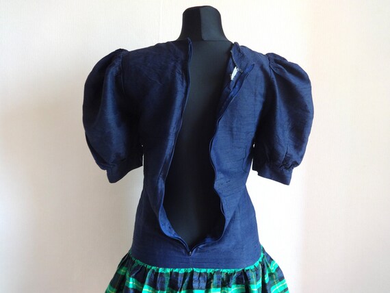 Vintage Dark Blue & Green Checkered Silk Mini Dre… - image 4