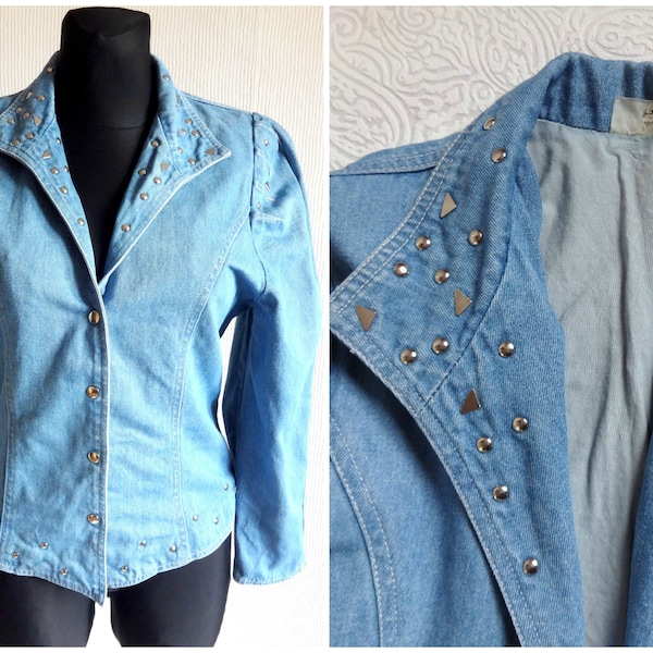 Veste en denim clouté vintage Fitted Waist Push Buttons Fermeture Denim Blazer Jean Veste vintage Metallic Studs Veste