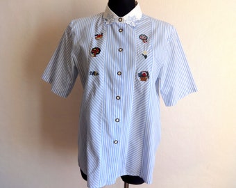 Vintage Vertical & Diagonal Striped Light Blue White Shirt Embellished Blouse Women's Clothing Vintage 80s 90s Summer Clothing