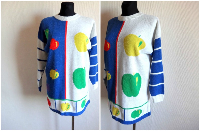 Vintage 90s Apples Knitted Women/'s Sweater Cotton Linen Blend Color Block Blue White Jumper Vintage Clothing Everyday Jumper Size L