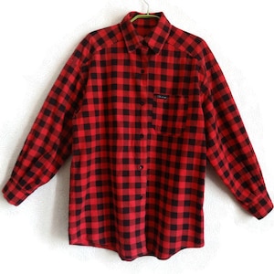 Checkered Red & Brown Flannel Shirt Vintage Plaid Cotton Shirt Buttons Down Front Pocket Flannel Women&#39;s Clothing