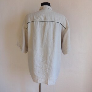 Pu&ograve; includere: Camicia di lino beige chiaro con maniche corte, vista da dietro. La camicia ha un colletto e un bordo nero sulle spalle e sulla parte superiore della schiena. Il tessuto sembra leggero e traspirante.