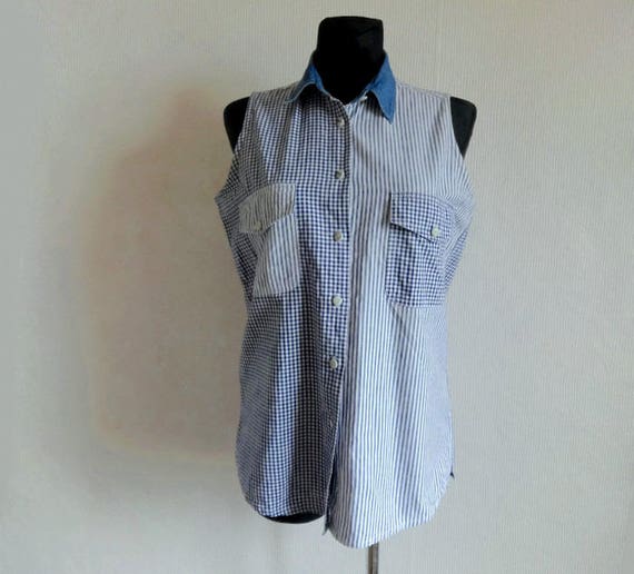 Vintage Blue & White Checkered Striped Top Sleeve… - image 5