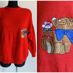Vintage rode gebreide Beer verfraaid trui rode vrouwen Pullover 90 's Bear Knit jumper dagelijks kleding katoen mix