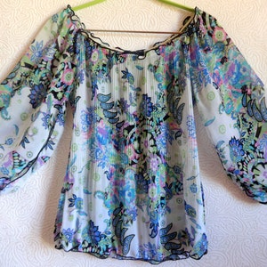 Vintage Floral Blouse Corrugated Blouse Sleeves With Slit Wide Sleeves Women&#39;s Summer Clothes Fashion 90s White & Blue Blouse Women&#39;s Top
