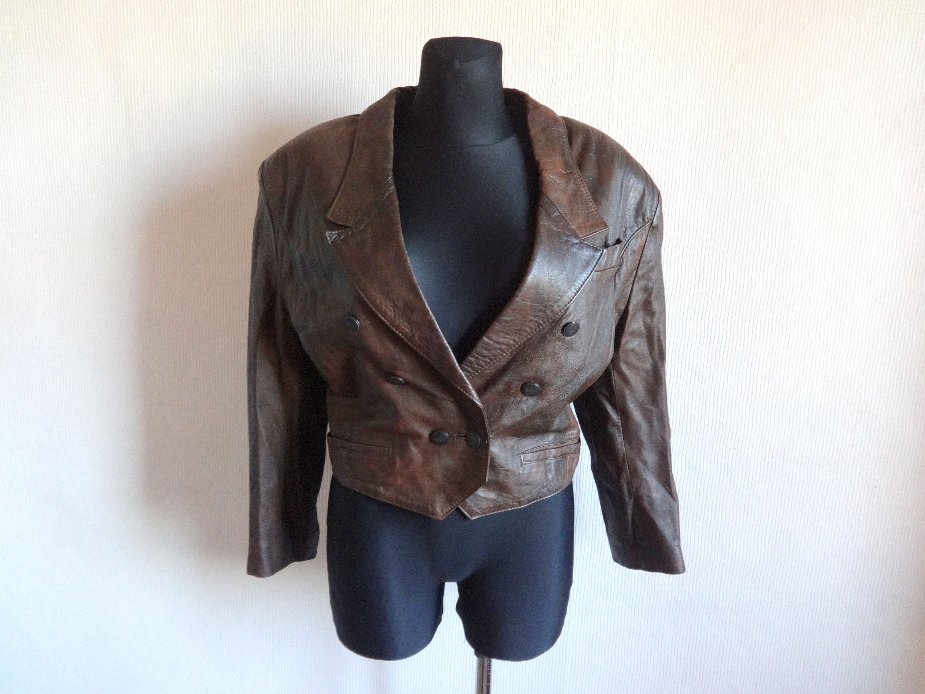 Vintage 80s Women's Double Breasted Short Leather Jacket 2 - Etsy