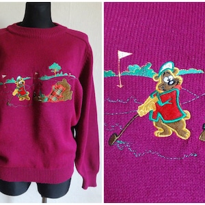 Vintage Purple Bears Embellished Sweater Women&#39;s Jumper Everyday Sweatshirt Animal&#39;s Pullover Golf Cartoon Sweatshirt Vintage Clothing