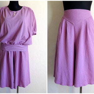 Vintage Light Purple Top & Wide Leg Shorts Suit Cotton Jersey Women's Summer Suit Padded Shoulders High Waist Shorts Made in Finland