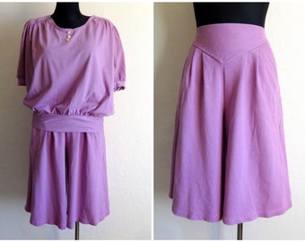 Vintage Light Purple Top & Wide Leg Shorts Suit Cotton Jersey Women's Summer Suit Padded Shoulders High Waist Shorts Made in Finland