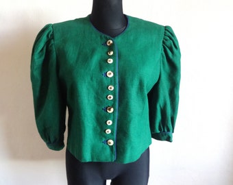 Vintage Sportalm lino austriaco verde Blazer mujer Trachten chaqueta completa forro lino ropa Drindl chaqueta botones cierre tamaño 40
