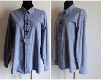 Camicia Drindl da uomo vintage a quadretti blu e bianchi Camicia tradizionale popolare austriaca Trachten Camicia in cotone Camicia scozzese con bottoni nascosti