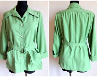 Vintage 70s Guy Laroche Difusión Luz Verde Blazer Cinturón Blazer Lana Botones Cierre Francés Ropa Vintage Ropa de Mujer