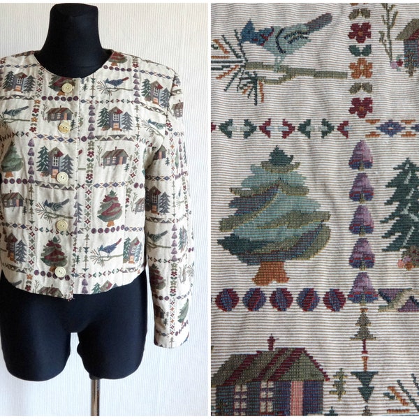 Vintage Tapestry Blazer Peasant Style Short Blazer Buttons Closure Padded Shoulders Full Lining House Tree Bird Print Fabric Size M