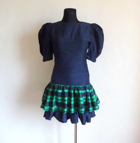Vintage Dark Blue & Green Checkered Silk Mini Dre… - image 3