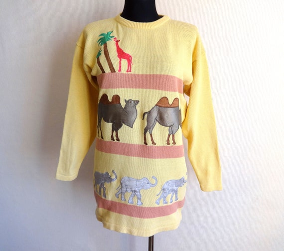 Vintage Yellow Africa Animals Embellished Sweater Long Sweater