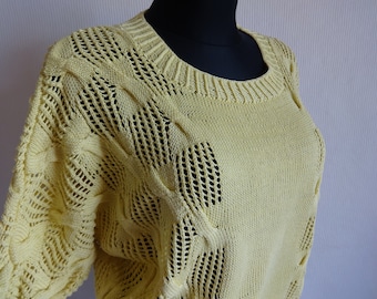 Vintage 90s  Light Yellow Raglan Sleeve Knitted Jumper Women's Knitted Elbow Sleeve Pullover Yellow Sweater Round Neckline Everyday Jumper