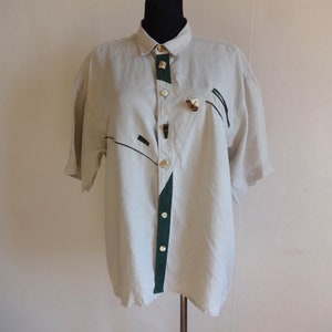 Pu&ograve; includere: Camicia beige chiaro a maniche corte con un design unico. La camicia presenta dettagli verde scuro, bottoni decorativi e un motivo geometrico. Il colletto e i bottoni sono di colori contrastanti. La camicia &egrave; esposta su un manichino.