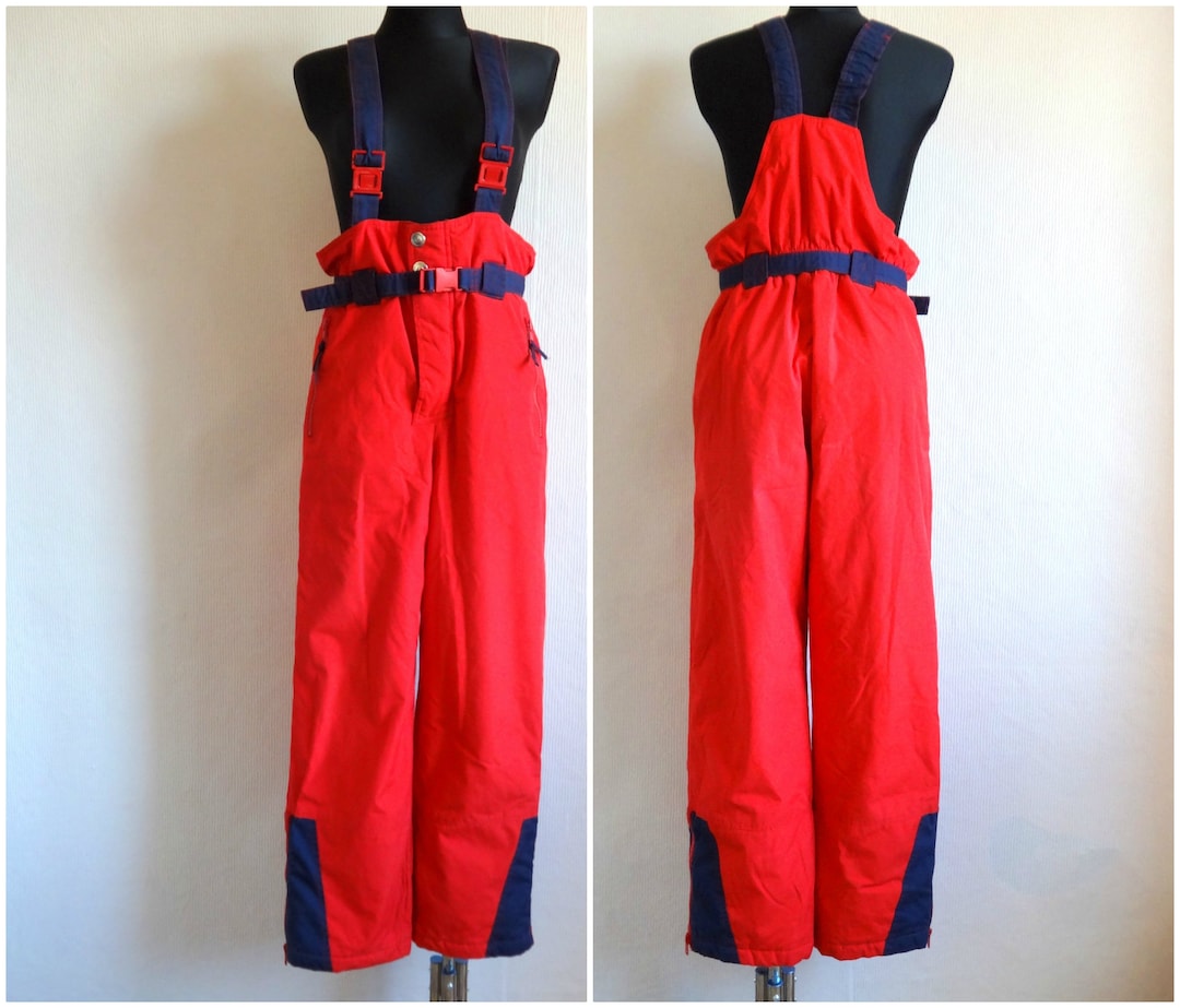 Vintage Ski Pants Red & Blue Winter Snow Trousers Ski Jumpsuit Adjustable Straps Belted Women's