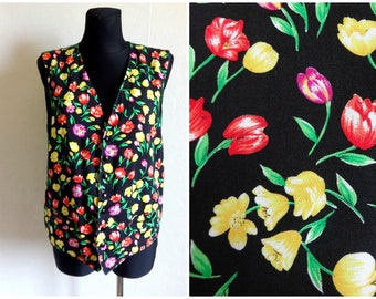 Vintage Green & Black Floral Vest Women's Waistcoat Printed Flowers Vest Summer Clothing Hipster Clothing Buttons Closure Size 40