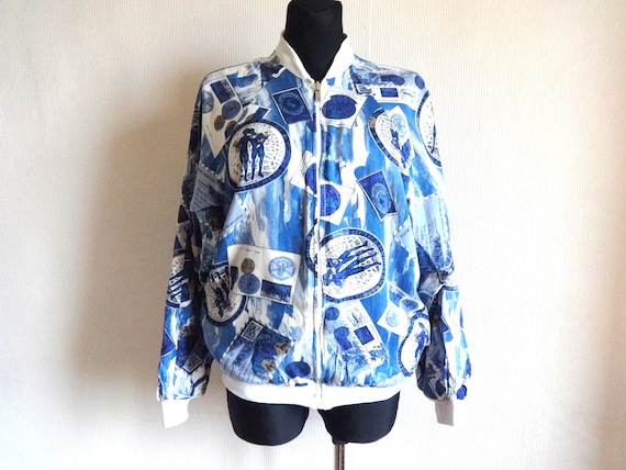 Vintage Handmade Zip up Jacket Postage Stamps Print Jacket