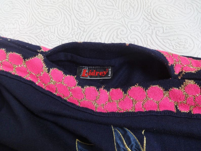 Vintage Sweater With Cherries Embellished Jumper Fashion 80s 90s Women/'s Clothing Dark Blue Pink Golden Metallic Thread