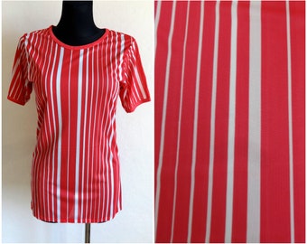 Marimekko Striped Red & White T Shirt Vertical Stripes Short Sleeve Sports Clothing Women's Tee Vintage Finnish Clothing L Size