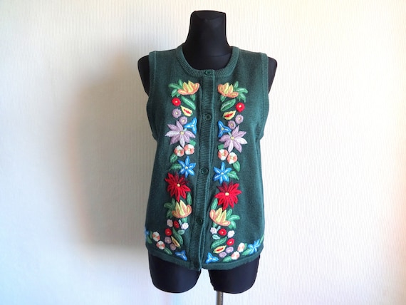 Vintage Dark Green Embroidered Flowers Vest Sweater Vest Women's