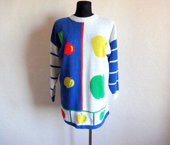 Vintage 90s Apples Knitted Women/'s Sweater Cotton Linen Blend Color Block Blue White Jumper Vintage Clothing Everyday Jumper Size L