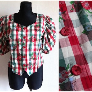 Vintage Red & Green Checkered Blouse Summer Blouse Drindl Peasant Style Tied on The Back Puffy Sleeve Buttons Closure Women&#39;s Blouse Size 42