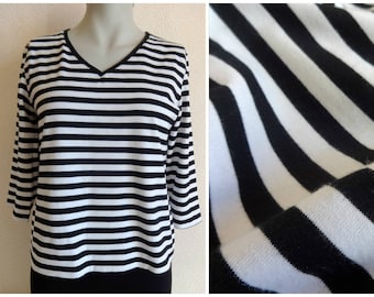 MARIMEKKO Black & White Striped Shirt Nautical 3/4 Sleeve Womens Cotton Jersey Clothing Marimekko Top Finnish Clothing V Neck Shirt