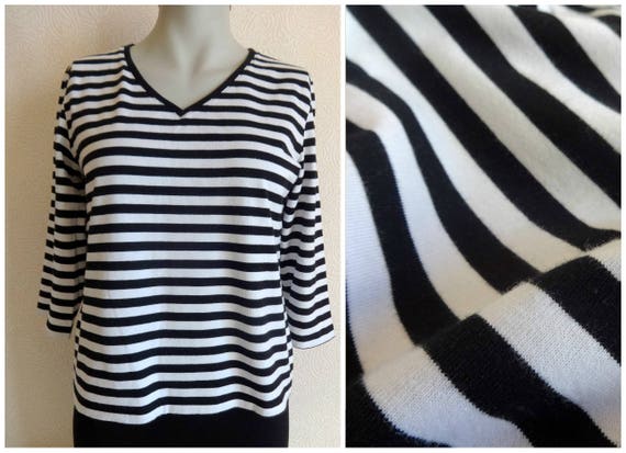 Vintage Black and White Striped Shirt Blouse  Nautical Shirt  Long Sleeves  Pockets  Women/'s Size Medium to Large