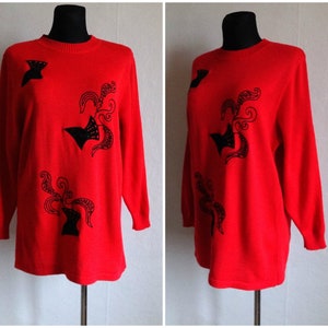 Vintage Rood & Zwart Verfraaide Trui Dames Jumper Wool Blend Pullover Everyday Sweater Made in Germany Vintage 80s 90s Kleding