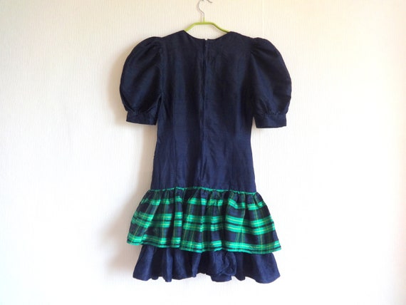 Vintage Dark Blue & Green Checkered Silk Mini Dre… - image 5