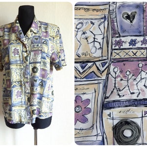Vintage Women&#39;s Blouse Short Sleeve Blouse Purple & Beige Abstract Print Summer Shirt Blouse 90s 80s Buttons Closure Women&#39;s Shirt