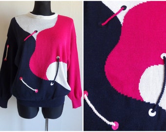 Vintage Color Block Sweater Blue Pink White Colorful Jumper Women's Jumper 80s 90s Everyday Clothing Knitwear Wool Blend  Sweater UK 18