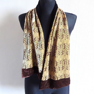Vintage Marja Kurki Silk Viscose Scarf Velvet Shawl Women&#39;s Accessory Light Brown Black Printed Leaves Small Patterned Scarf