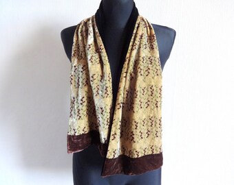 Vintage Marja Kurki Silk Viscose Scarf Velvet Shawl Women's Accessory Light Brown Black Printed Leaves Small Patterned Scarf
