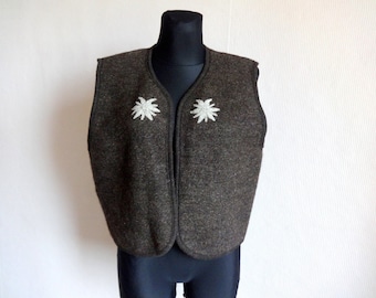 Vintage Wool Brown Open Front Vest Edelweiss Embellished Vest Warm Clothing Women's Pure New Wool West Everyday Clothing Size 38